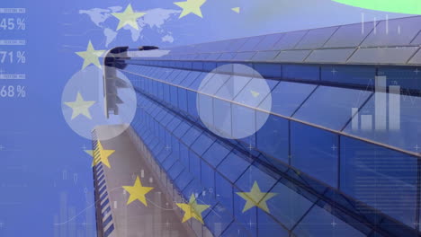 Animation-Der-Verarbeitung-Finanzieller-Daten-Und-Der-Flagge-Der-Europäischen-Union-über-Einem-Bürogebäude