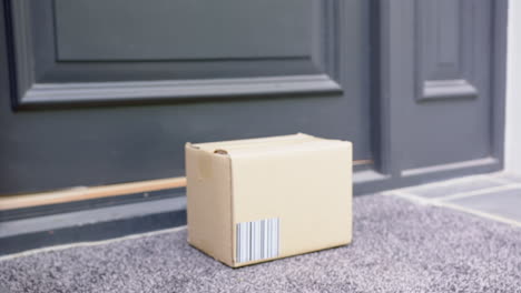 Delivery-in-cardboard-box-on-ground-outside-front-door,-slow-motion