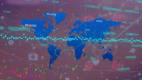 Animation-of-statistic-charts-and-data-processing-over-continents-on-pink-background