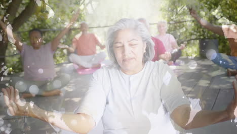 Animation-Von-Lichtpunkten-Und-Bäumen-über-Verschiedenen-älteren-Menschen,-Die-Im-Garten-Yoga-Praktizieren