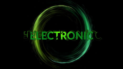 Animation-of-green-electronic-text-and-circle-light-trail-on-black-background