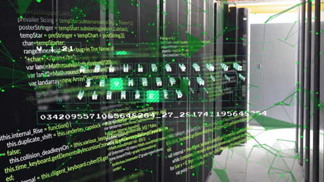 Animation-of-computer-keyboard,-data-processing-and-communication-network-over-computer-server-room