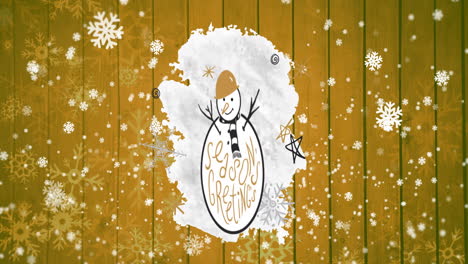 Animation-of-snow-falling-over-snowman-with-seasons-greetings-text-on-wooden-background-at-christmas