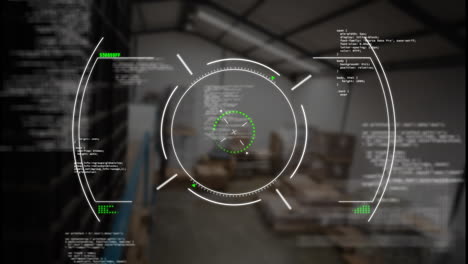 Animation-of-circles-and-computer-language-over-high-angle-view-of-warehouse