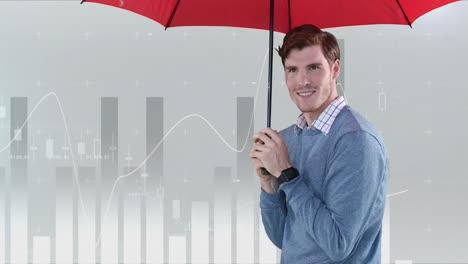 Animation-of-financial-data-processing-and-caucasian-man-with-umbrella-on-grey-background