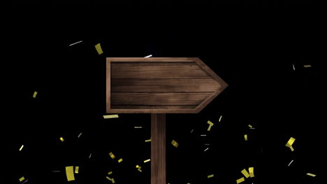 Animation-of-gold-confetti-over-black-wooden-signpost-on-black-background