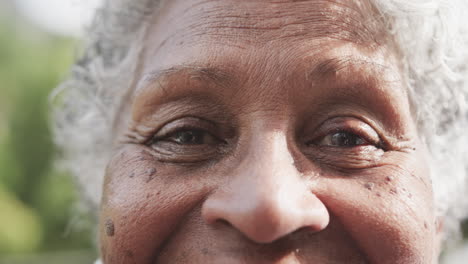 Porträt,-Nahaufnahme-Der-Augen-Einer-Glücklichen-älteren-Afroamerikanischen-Frau,-Die-Im-Garten-Lächelt,-Zeitlupe