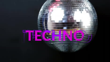 Animation-of-techno-text-over-disco-ball-on-black-background