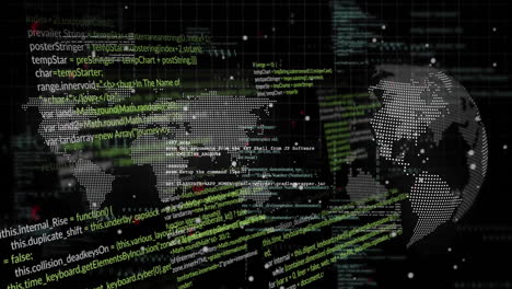 Animation-of-data-processing-over-world-map-and-globe-on-black-background