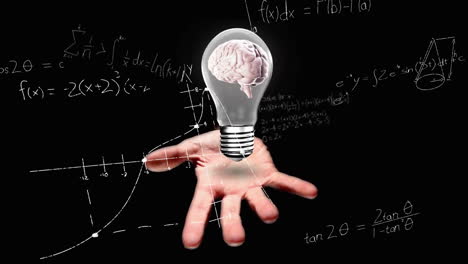 Animation-of-mathematical-equations-over-caucasian-man-holding-light-bulb-on-black-background