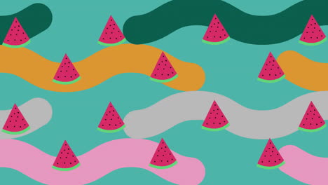 Animation-Von-Wassermelonen-Und-Bunten-Formen-Auf-Grünem-Hintergrund