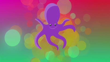 Animation-Eines-Glücklichen-Oktopus-über-Bunten-Flecken-Auf-Buntem-Hintergrund