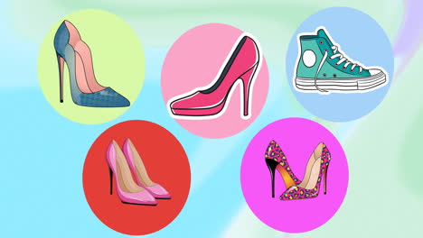 Animation-of-colourful-shoes-and-spots-on-colourful-background