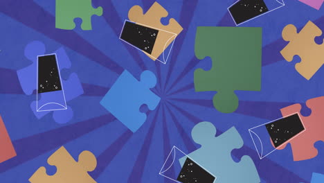 Animation-Fallender-Getränke-über-Puzzle-Auf-Blauem-Hintergrund