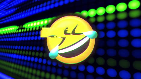 Animation-of-smiling-emoji-icon-over-glowing-neon-lights-over-dark-background