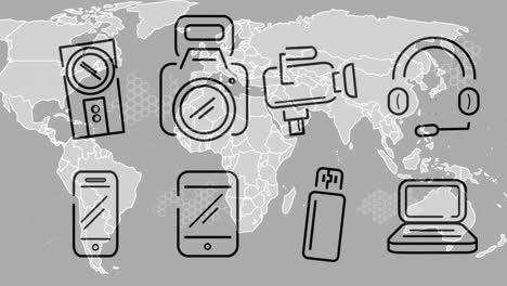 Animation-of-technology-icons-over-world-map-on-grey-background