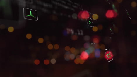 Animation-of-eco-icons-data-processing-over-out-of-focus-city-lights