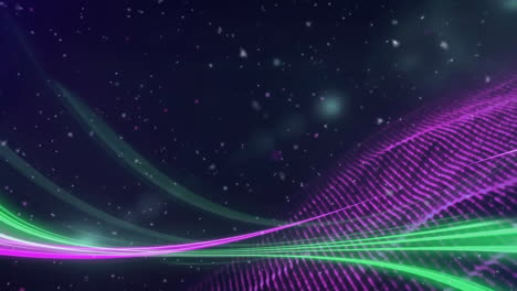 Animation-Von-Rosa-Und-Grünen-Lichtspuren-über-Einem-Rosa-Netzwerk,-Schnee-Und-Lichtern-Auf-Schwarzem-Hintergrund
