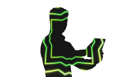 Animation-of-illuminated-abstract-shape-pattern-in-thoughtful-shadow-of-man-using-digital-tablet