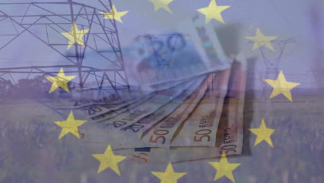 Animation-of-flag-of-eu-and-euro-banknotes-over-electricity-pylons