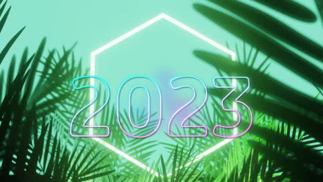 Animation-of-year-2023-over-neon-shapes-and-plants