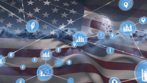 Animation-of-data-and-media-communication-network-over-globe,-cloudy-sky-and-american-flag