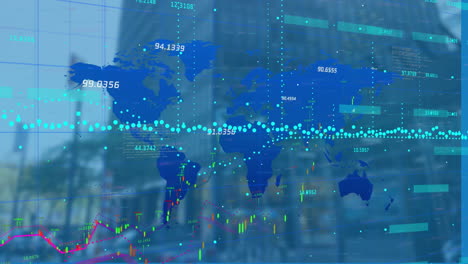 Animation-Der-Verarbeitung-Finanzieller-Daten-über-Einer-Weltkarte-Und-Gebäuden