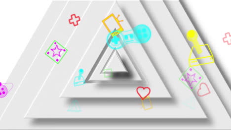 Animation-of-colourful-video-game-controllers-and-icons-oover-coentric-white-triangles-on-white