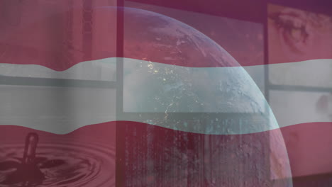 Animation-Der-Flagge-Österreichs-Und-Videobildschirme,-Die-Wasser-über-Einem-Globus-Im-Weltraum-Zeigen