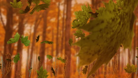 Animation-Von-Blättern,-Die-über-Herbstbäume-Im-Wald-Wehen