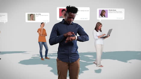 Animation-of-diverse-people-using-devices-with-social-media-iterfaces-on-white-background