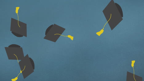 Animación-De-Sombreros-De-Graduación-Cayendo-Sobre-Fondo-Azul