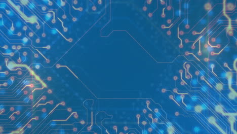 Animation-of-data-processing-over-circuit-board-on-blue-background