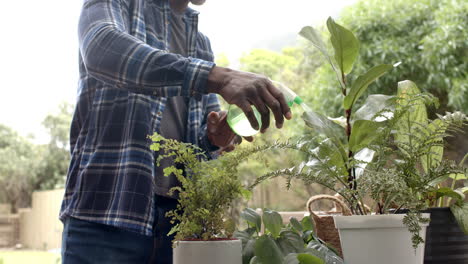 Focused-mature-african-american-man-watering-plants-in-garden,-slow-motion