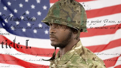 Animation-of-text-of-constitution-over-african-american-male-soldier-with-usa-flag