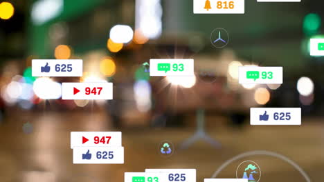 Animation-of-social-media-icons-and-data-over-out-of-focus-city-lights