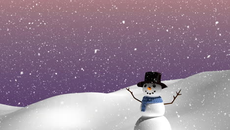 Animation-of-snow-falling-over-snowman-in-winter-scenery