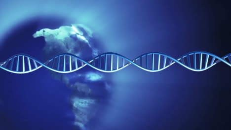 Animation-Von-Sich-Drehenden-DNA-Strängen-Mit-Leuchtendem-Globus-Auf-Dunklem-Hintergrund