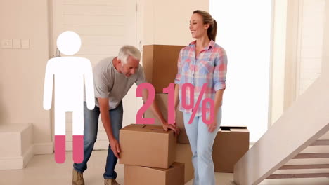 Animation-of-man-icon-and-percent-in-pink-over-caucasian-couple-moving-in-with-cardboard-boxes