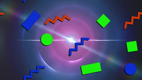 Animation-of-rectangle,-circles-and-zigzag-pattern-over-lens-flares-against-black-background