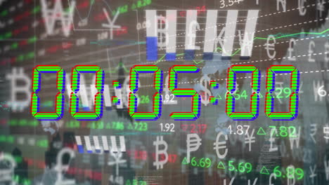 Animation-of-diagrams,-currency-symbols-and-stock-market-with-countdown-over-cityscape