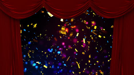 Animation-of-red-curtains-over-confetti-falling-on-black-background