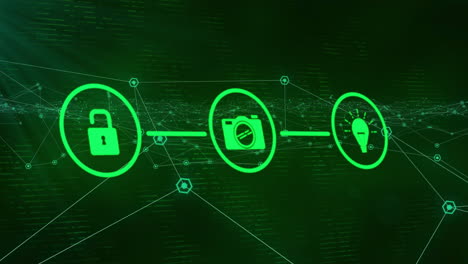 Animation-of-green-icons-and-network-of-connections-on-black-background