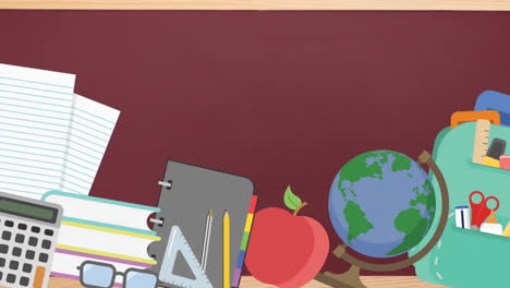 Animation-Von-Schultasche,-Apfel,-Globus-Und-Schulausstattung-Auf-Braunem-Tafelhintergrund