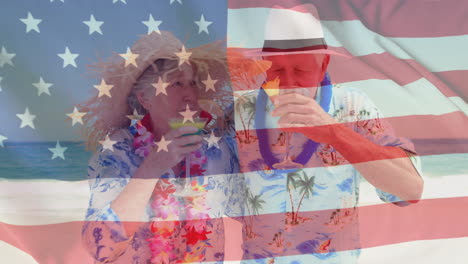 Animation-Der-Flagge-Der-USA-über-Einem-Kaukasischen-älteren-Paar-Am-Strand-Im-Sommer