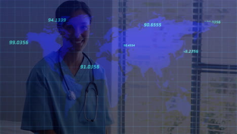 Animation-of-financial-data-processing-with-world-map-over-biracial-female-doctor