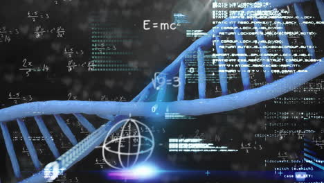 Animation-of-data-processing-over-dna-strand-on-dark-background