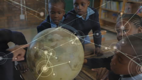 Animation-of-network-of-connections-and-globe-over-diverse-school-children