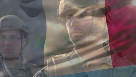 Animación-De-La-Bandera-De-Francia-Sobre-Soldados-Varones-Caucásicos-Parados-En-El-Bosque.
