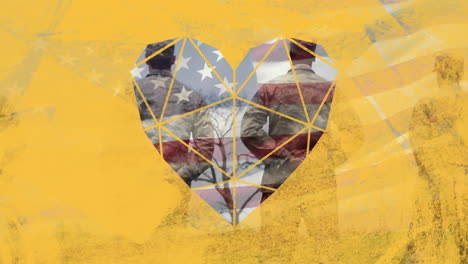 Animation-of-diamond-heart-and-yellow-texture-over-american-flag-and-diverse-male-soldiers